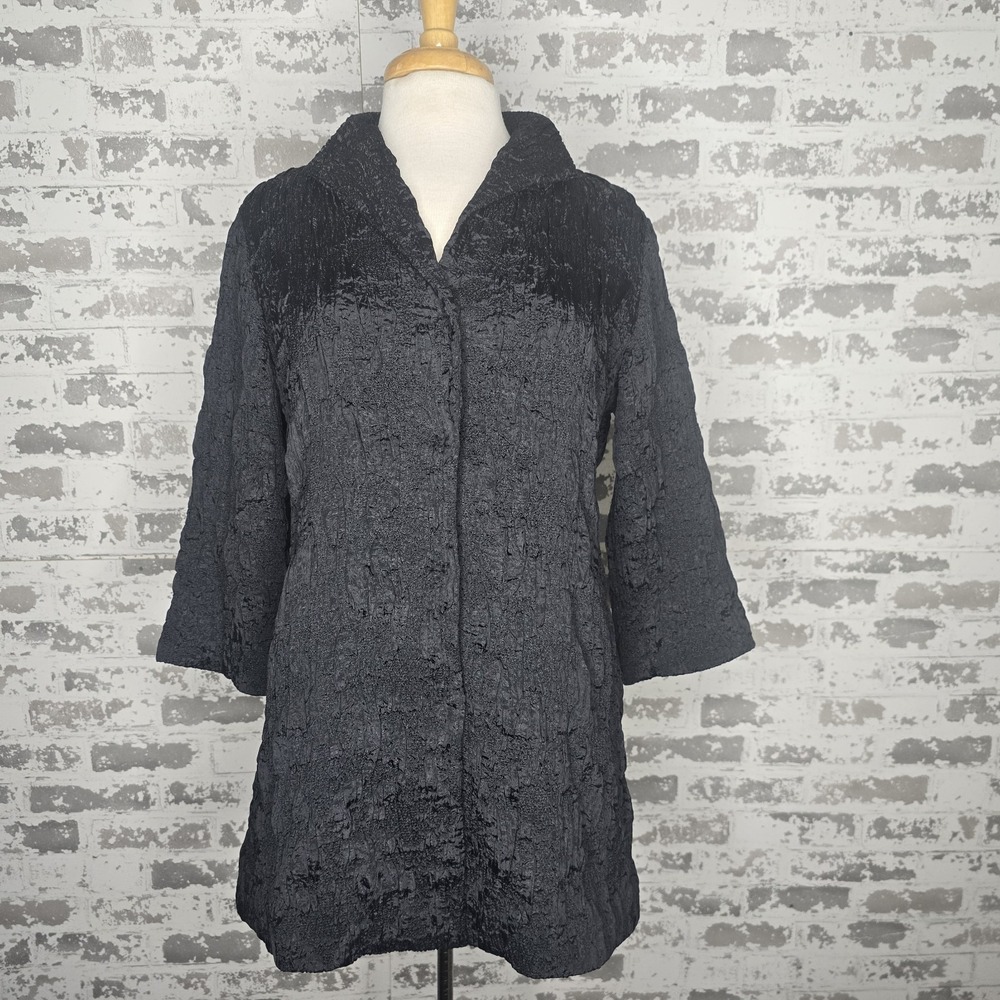 Eileen Fisher Blazer Jacket Womens S Black Textured Crepe Snap Button Silk Lined